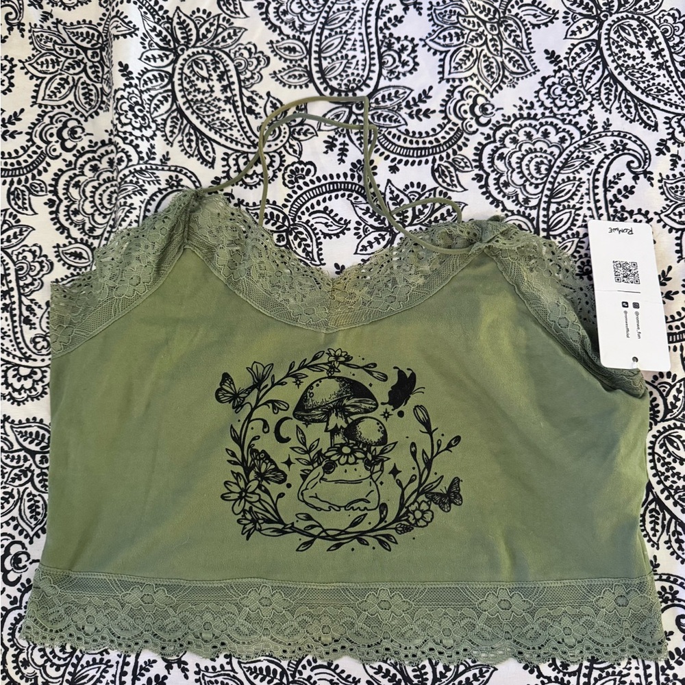 ROMWE Green Lace Trim Crop Top